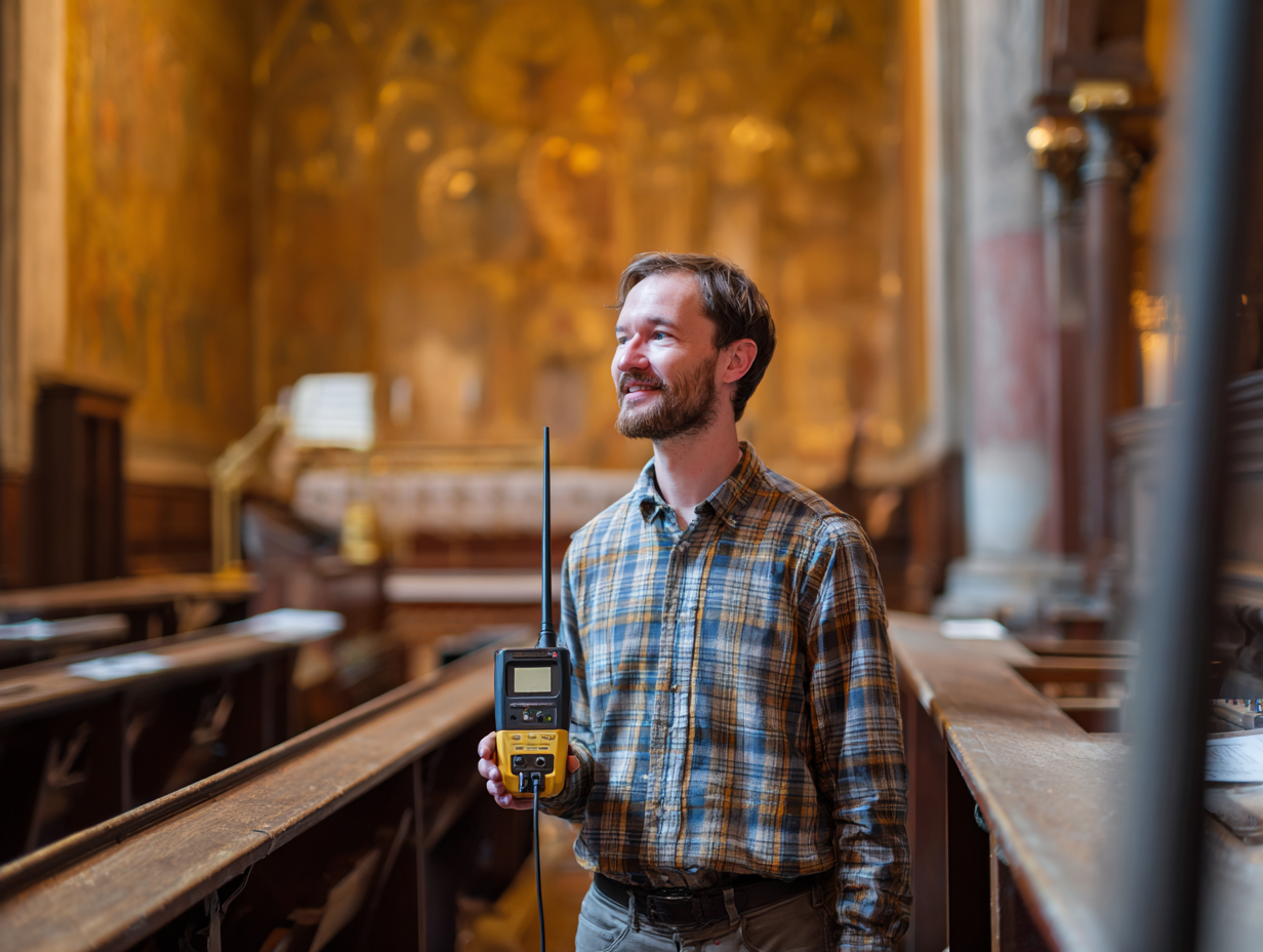 Acoustic engineer holding a measurement device inside a historic church interior